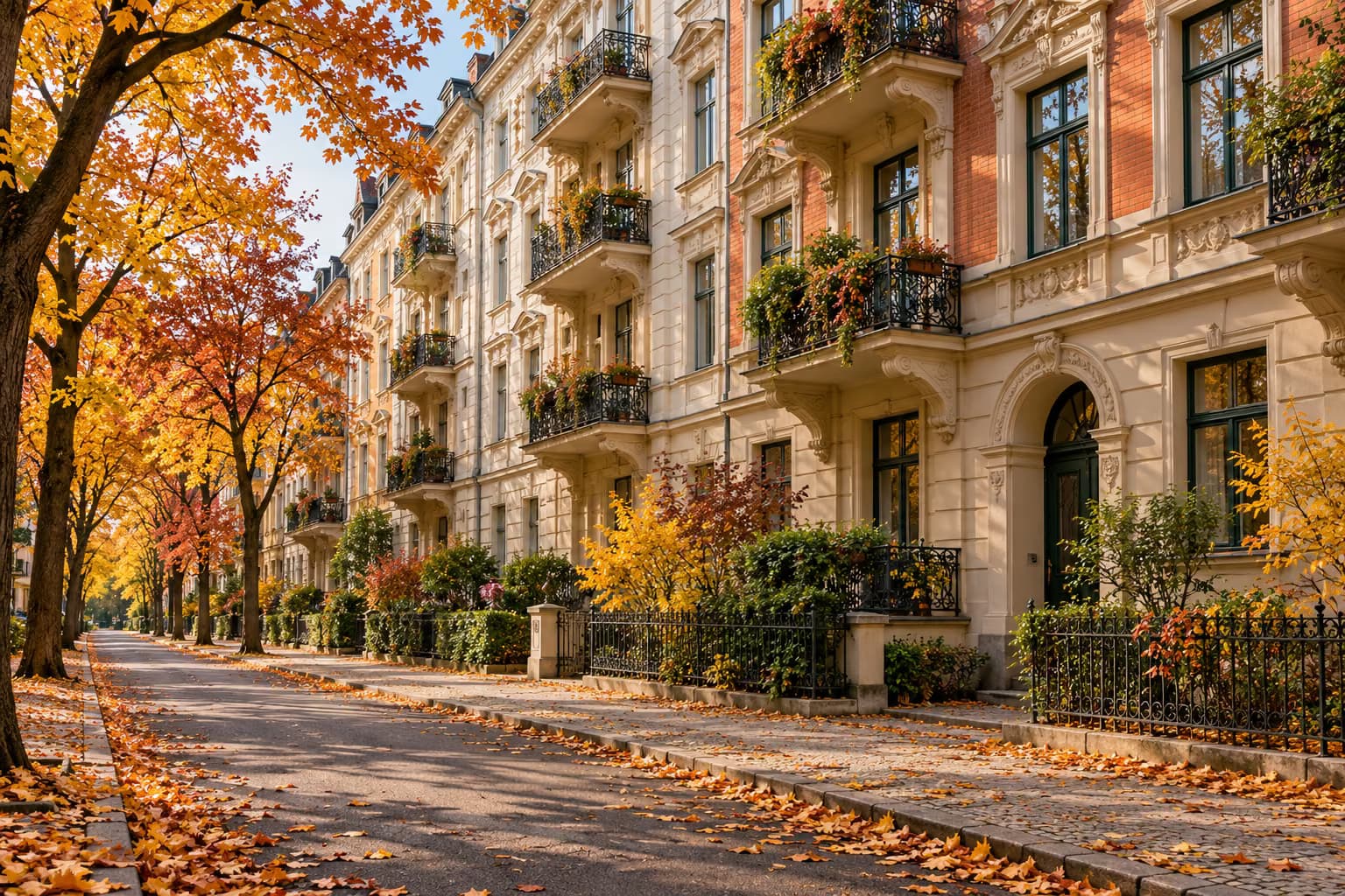 Uma fila de prédios de habitação de antes da guerra, com fachadas ornamentadas e varandas, numa rua tranquila e arborizada coberta de folhas de outono.