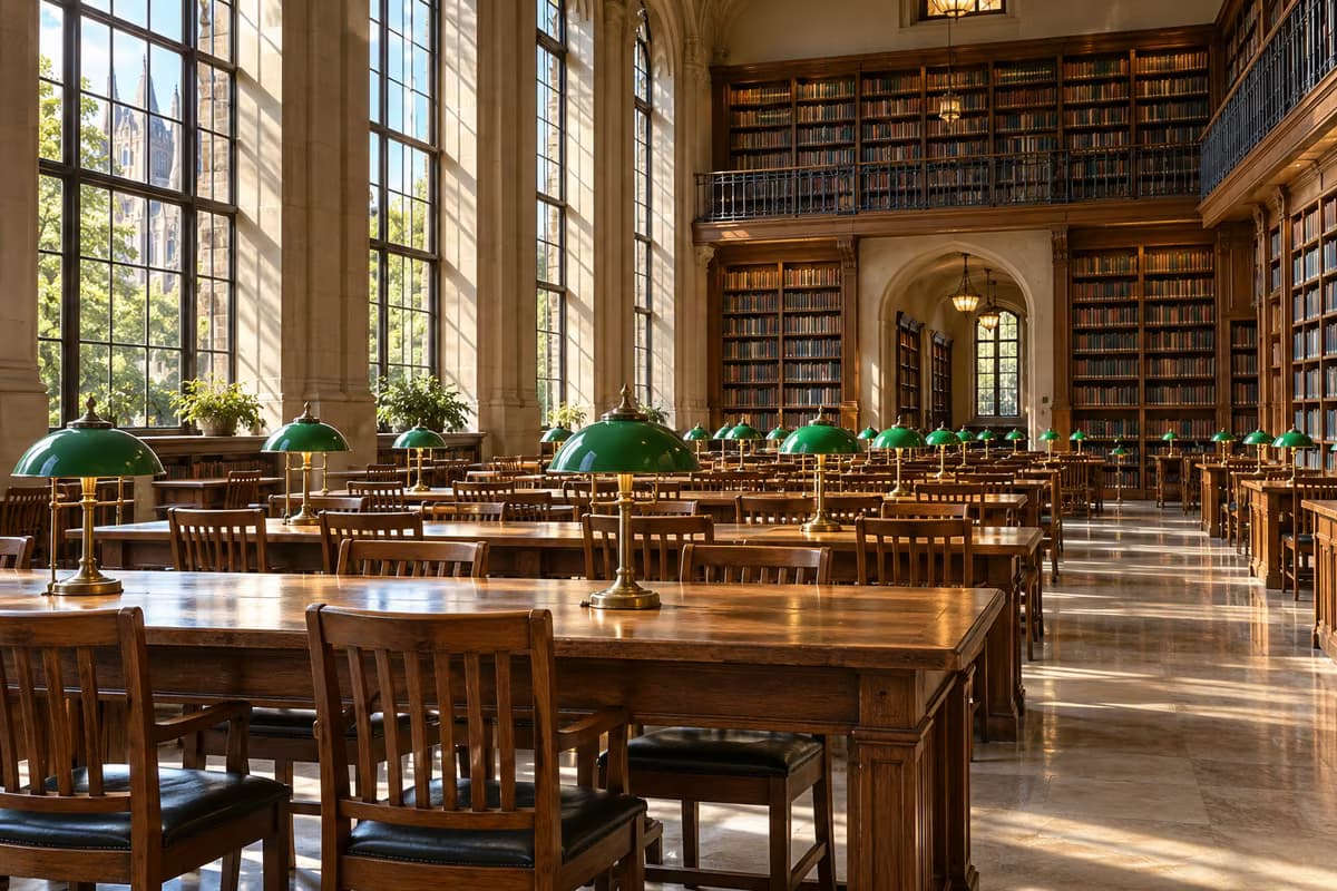 Uma sala de leitura de biblioteca vazia com mesas compridas de madeira, candeeiros verdes, janelas altas e estantes altas cheias de livros.