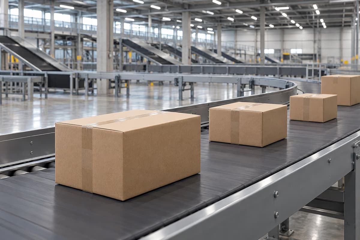 Caixas de cartão simples a deslocar-se num tapete rolante num grande pavilhão de triagem de encomendas, moderno e vazio.