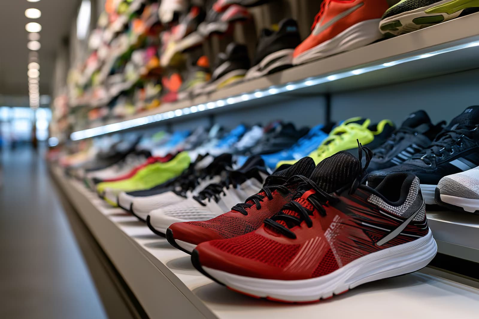 Tênis de corrida e roupas esportivas expostos em uma loja de artigos esportivos moderna e bem iluminada.