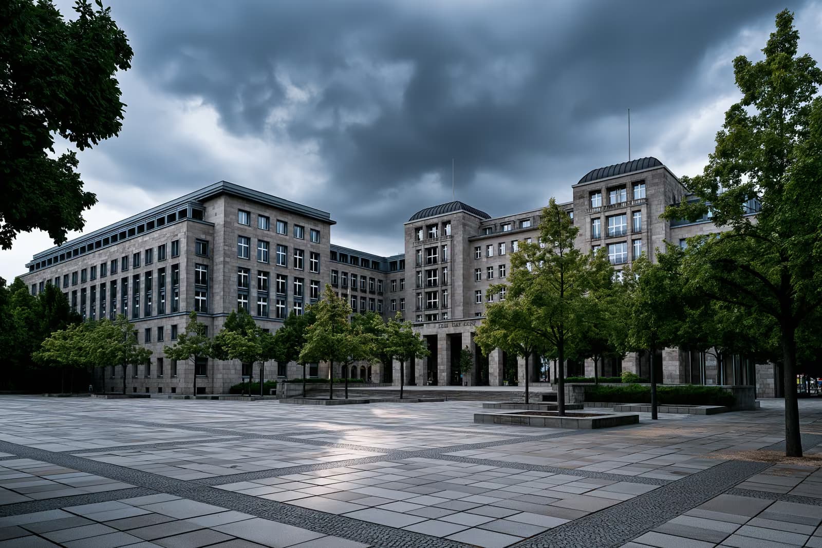 O prédio do parlamento federal alemão visto ao fundo de uma praça pública vazia sob um céu carregado.