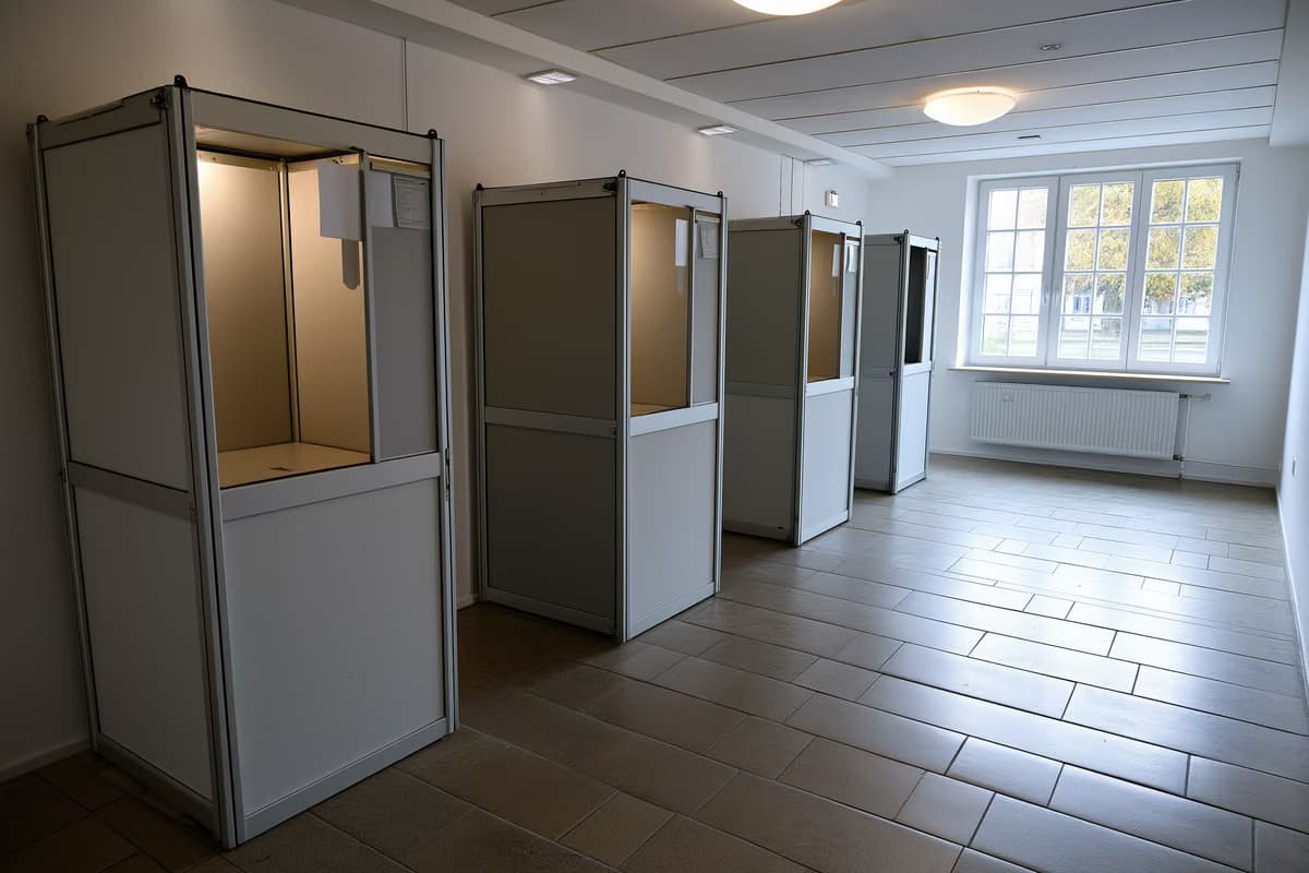 Uma cabine de votação vazia em um salão comunitário alemão simples, usado para eleições.