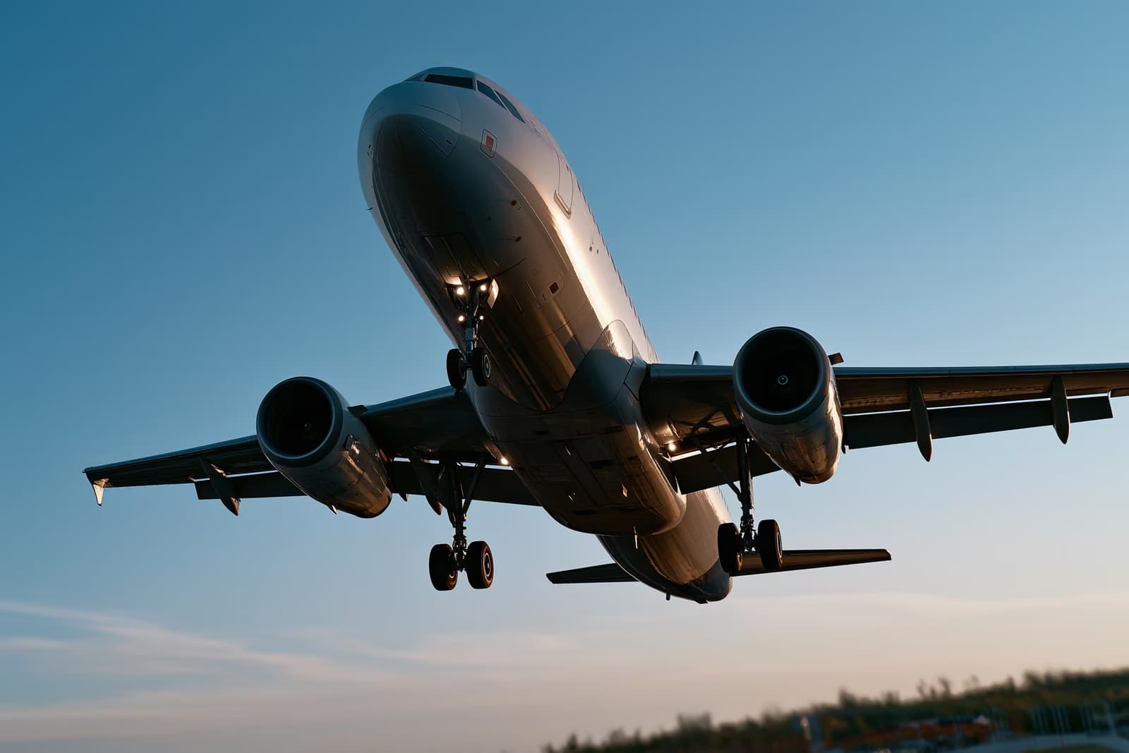 Um avião de passageiros subindo em direção a um céu claro, visto do solo.
