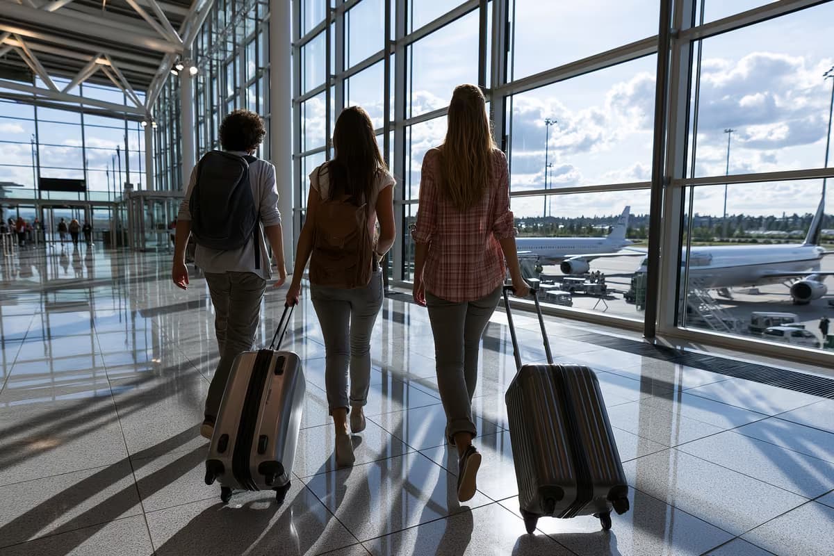 Viajantes caminhando por um terminal de aeroporto moderno e iluminado, com grandes janelas.