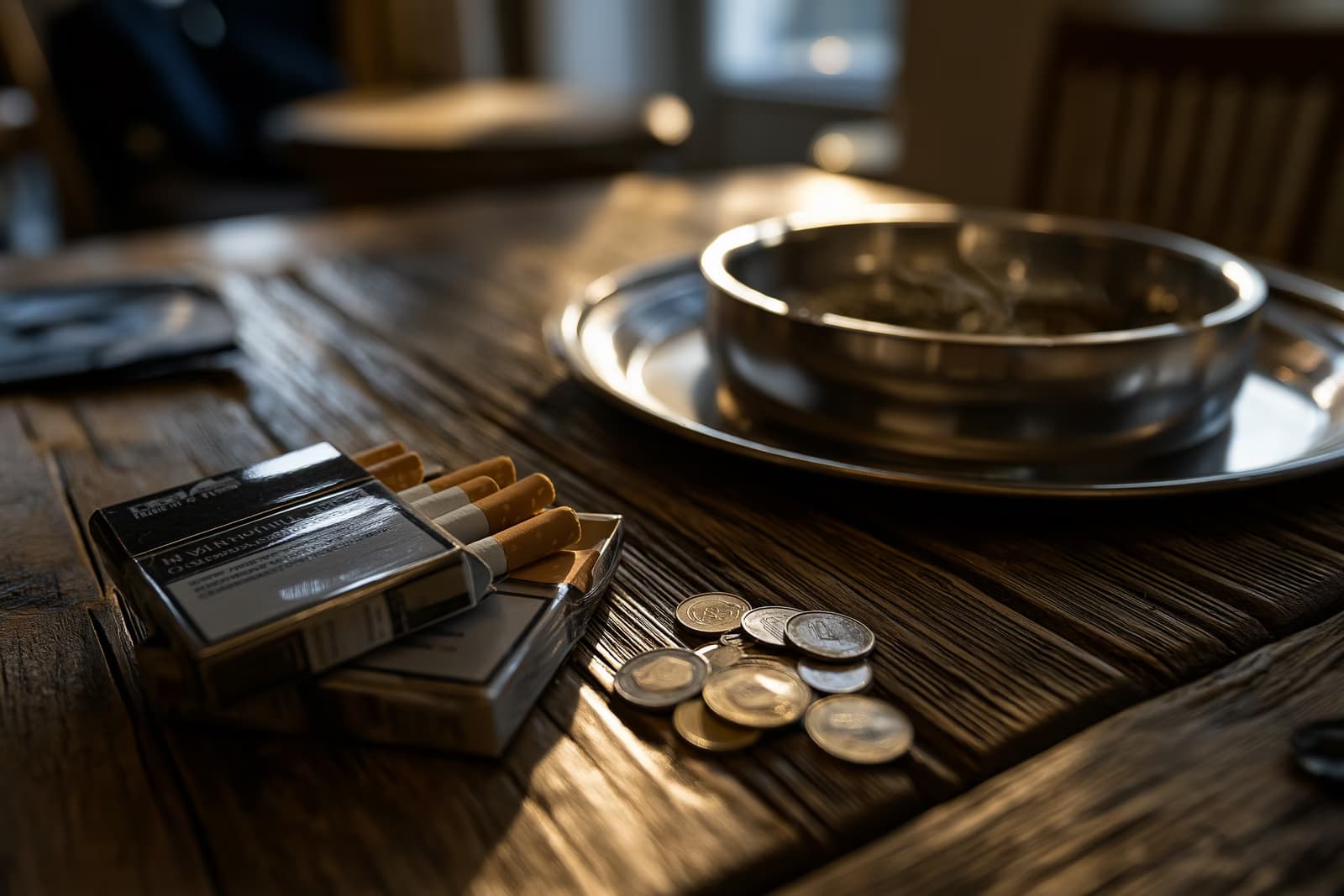 Um maço de cigarros e algumas moedas estão sobre uma mesa de bar desgastada, ao lado de um cinzeiro vazio, mostrando como o preço dos cigarros pesa no orçamento dos fumantes.
