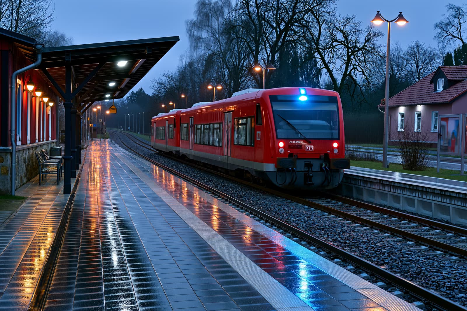 Um trem regional vermelho parou em uma pequena estação alemã ao entardecer, com luzes de emergência azuis refletidas na plataforma.