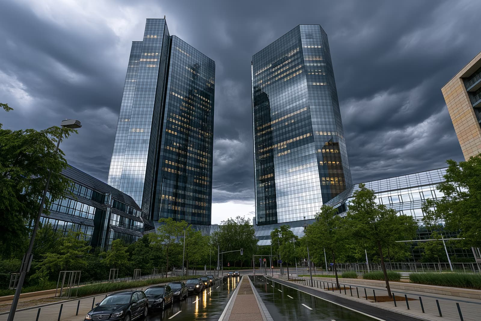As torres gêmeas de vidro da sede de um banco em Frankfurt se erguem sob nuvens escuras após o assalto ao Deutsche Bank.