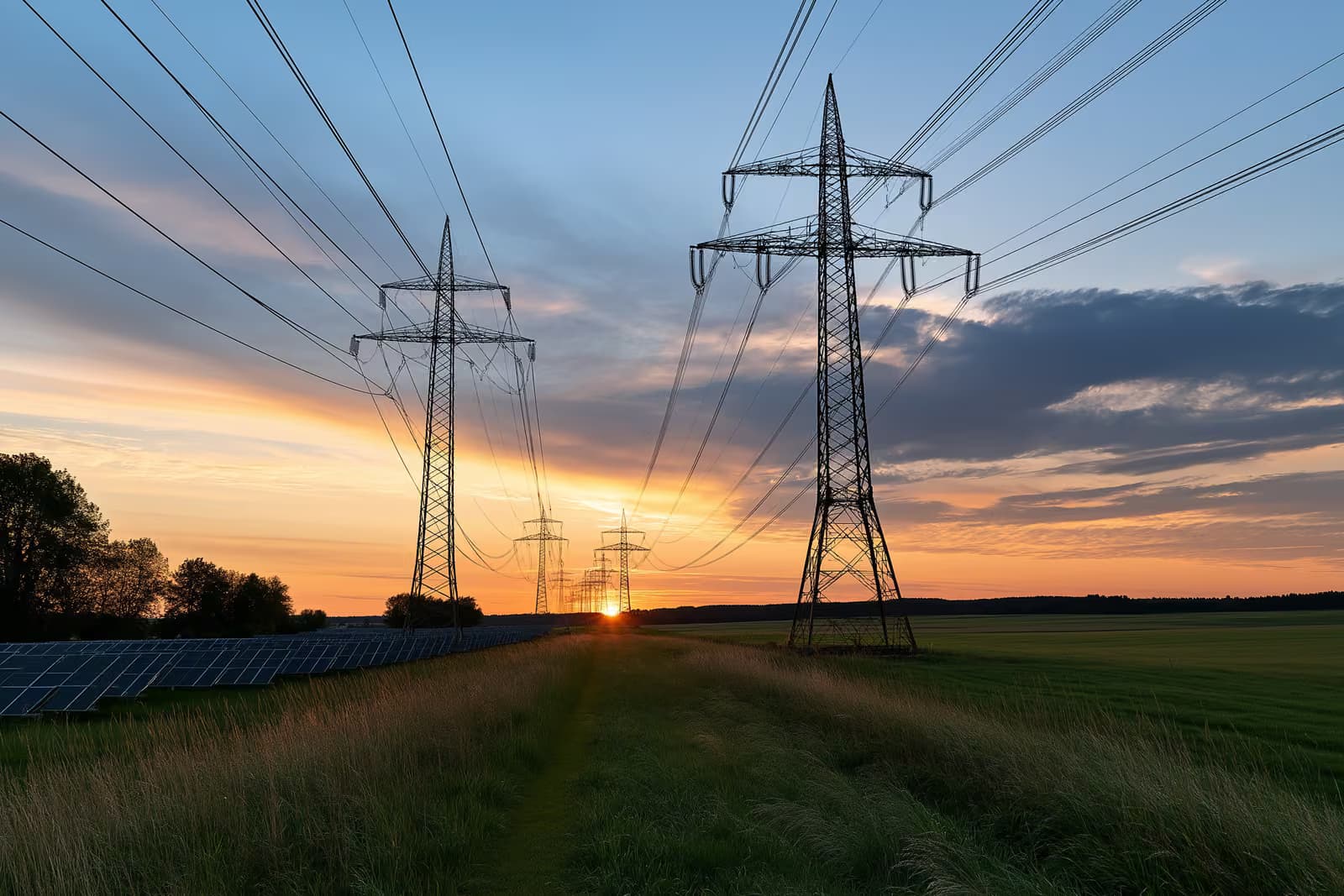 Uma fileira de torres de transmissão de energia elétrica de alta tensão atravessando o campo aberto.