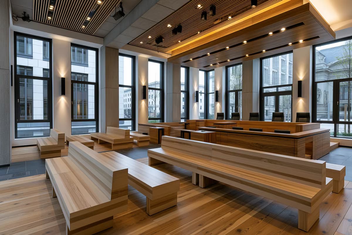Uma sala de tribunal moderna e vazia, com bancos de madeira e janelas altas.