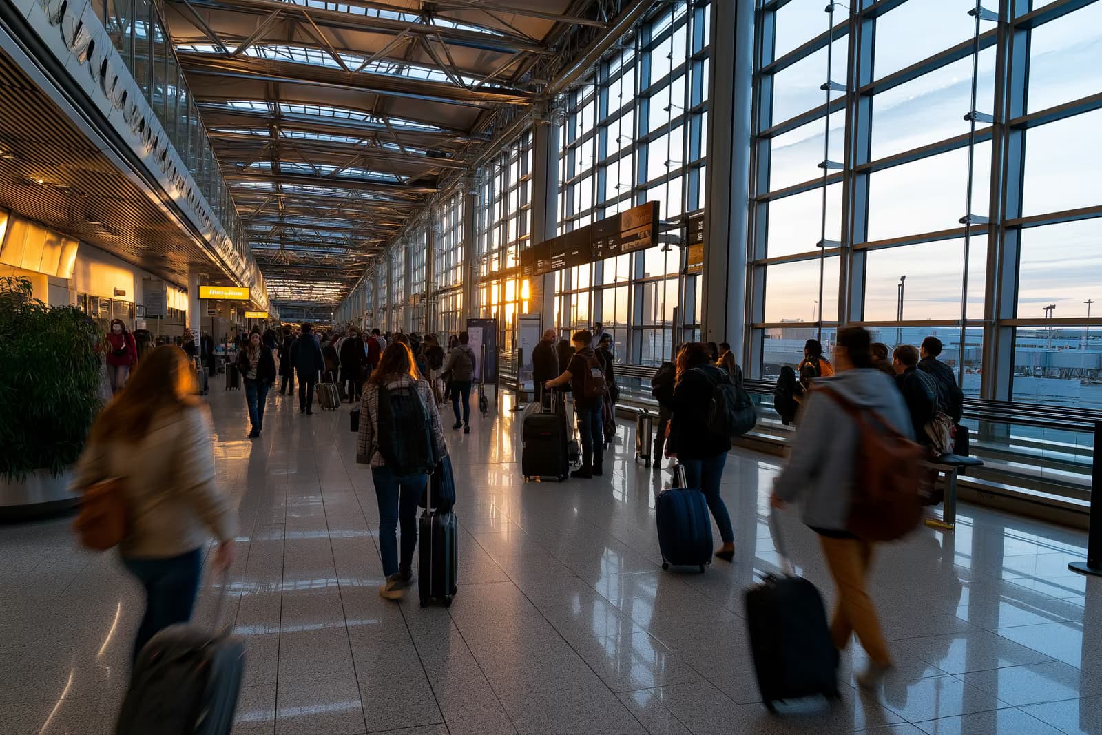 Viajantes com bagagem atravessando um saguão de desembarque iluminado de um aeroporto internacional.