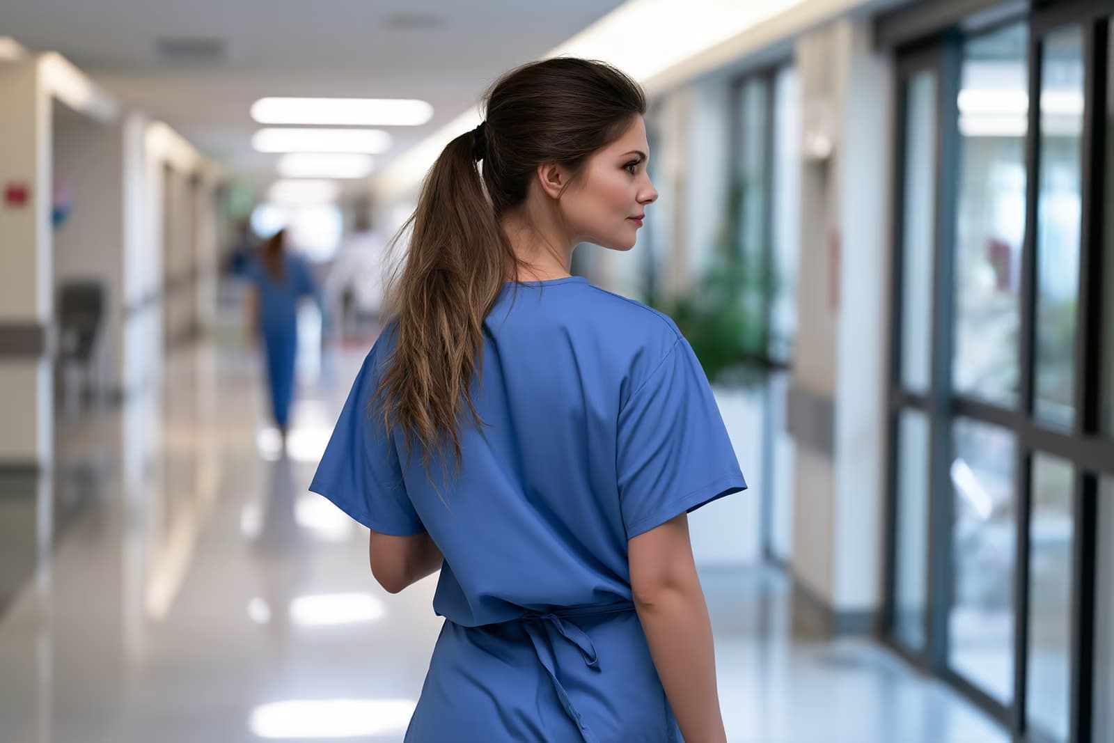 Um profissional de saúde vestindo uniforme cirúrgico simples, em pé em um corredor bem iluminado de um hospital.