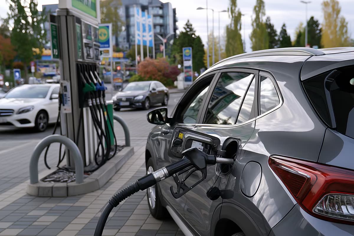 Um bico de bomba de combustível repousando em um carro em um posto de gasolina alemão em um dia nublado.