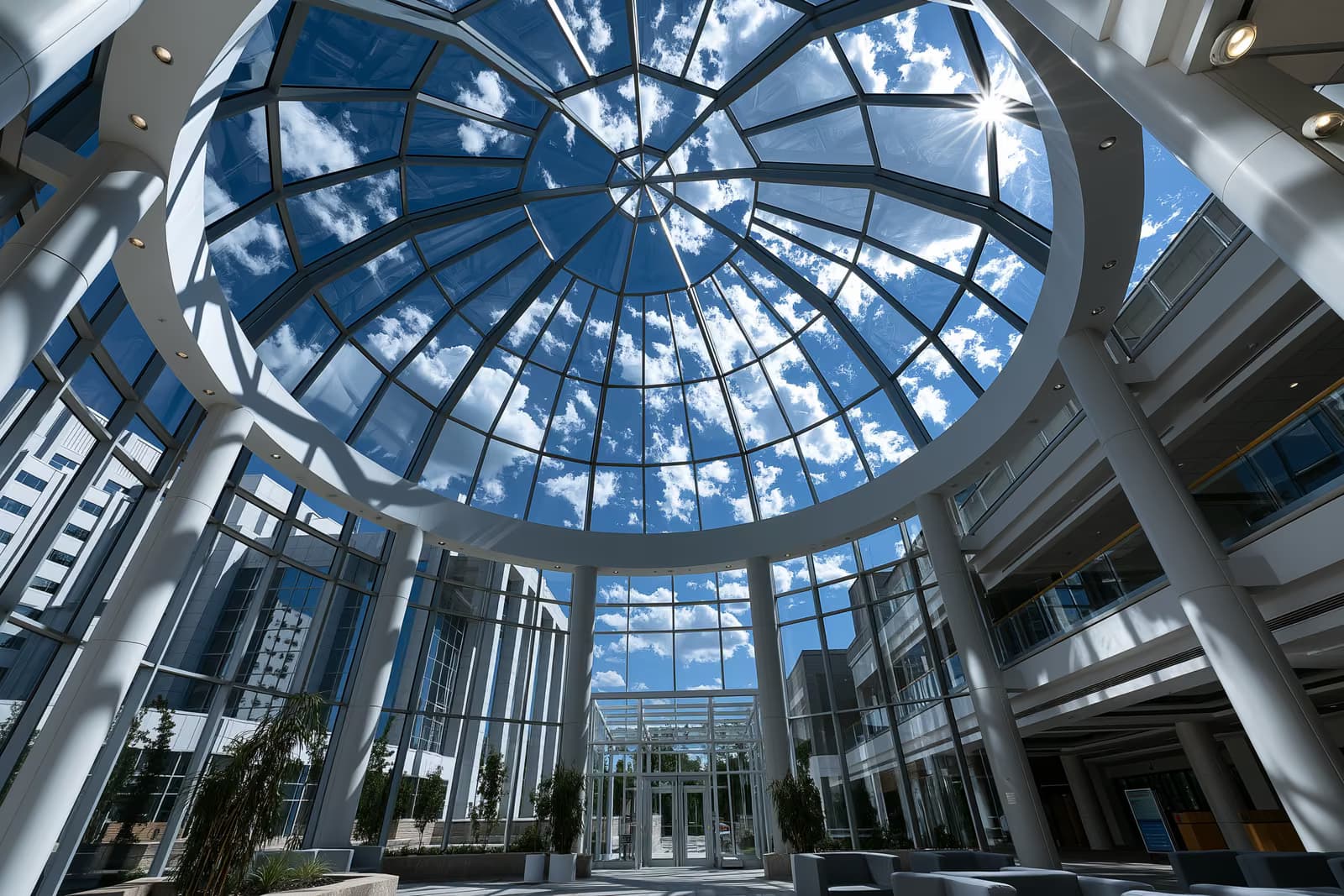 A cúpula de vidro do prédio do parlamento alemão vista de baixo contra um céu claro de verão.