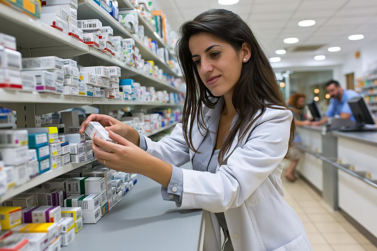 Em uma farmácia alemã bem iluminada, um farmacêutico organiza caixas de medicamentos em uma prateleira atrás do balcão.