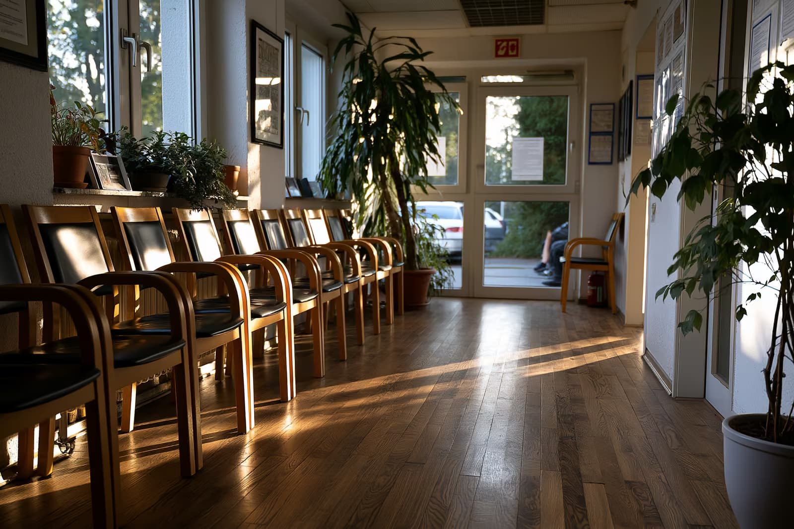Balcão de recepção vazio em um consultório médico familiar na Alemanha, com cadeiras de sala de espera.