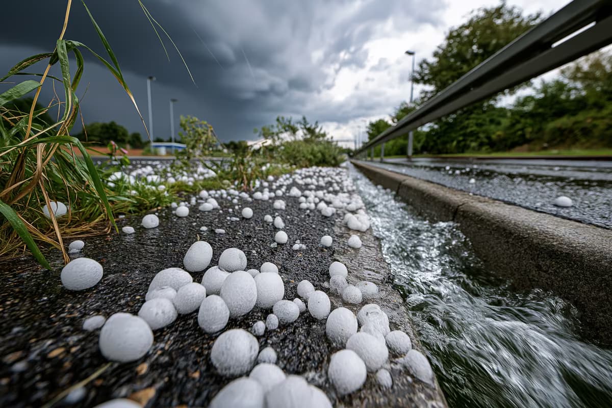 Grandes pedras de granizo espalhadas sobre o pavimento molhado após uma tempestade de verão.