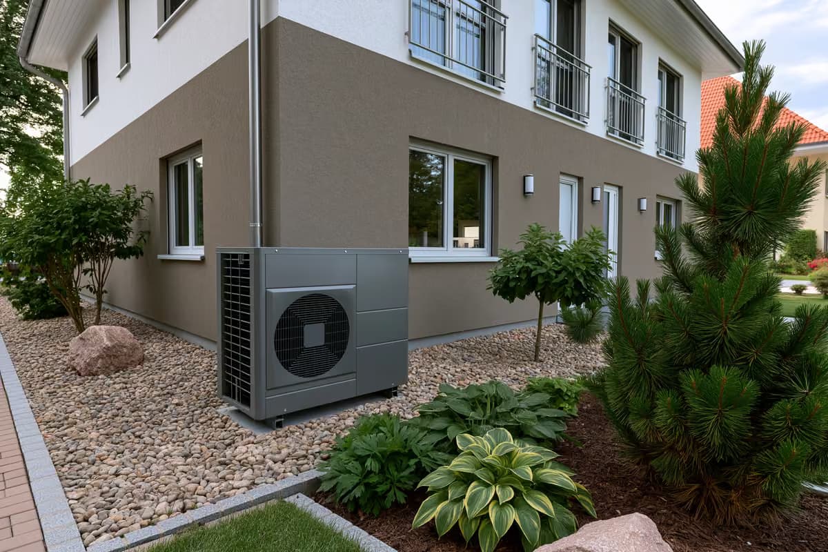 Uma moderna unidade de bomba de calor instalada na parte externa de uma residência na Alemanha.