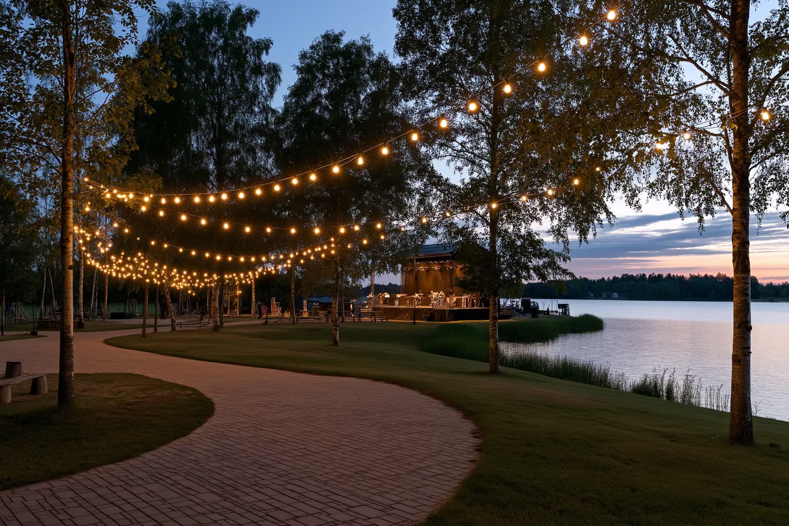 Uma grande multidão em um festival de música ao ar livre ao entardecer, às margens de um lago com um palco iluminado, perto de Leipzig.