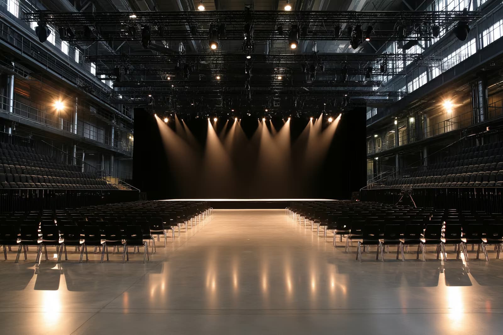 Um palco principal de festival ao ar livre ao lado de um antigo galpão industrial ao entardecer.