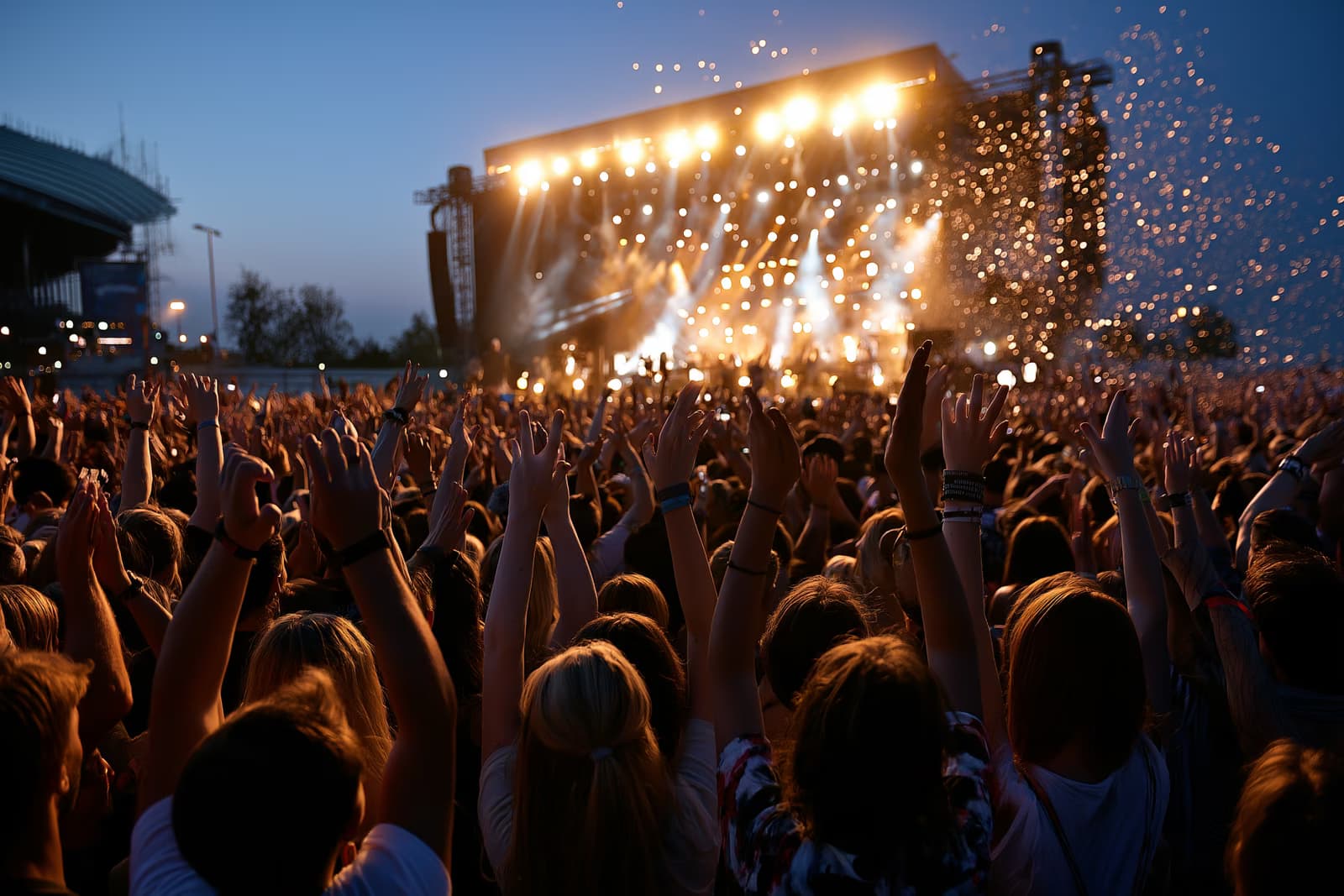 Uma enorme multidão de fãs com as mãos erguidas em frente ao palco principal iluminado do Lollapalooza Berlin, no Parque Olímpico, à noite.