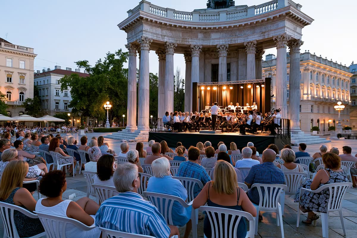 Um concerto de música clássica ao ar livre numa praça histórica de Munique ao entardecer.