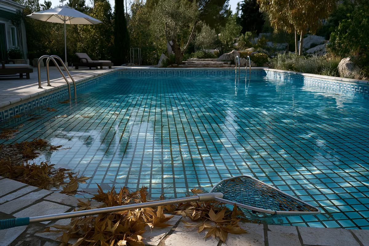 Uma piscina privativa parcialmente vazia no quintal, com um coletor de folhas sobre os azulejos aquecidos pelo sol.