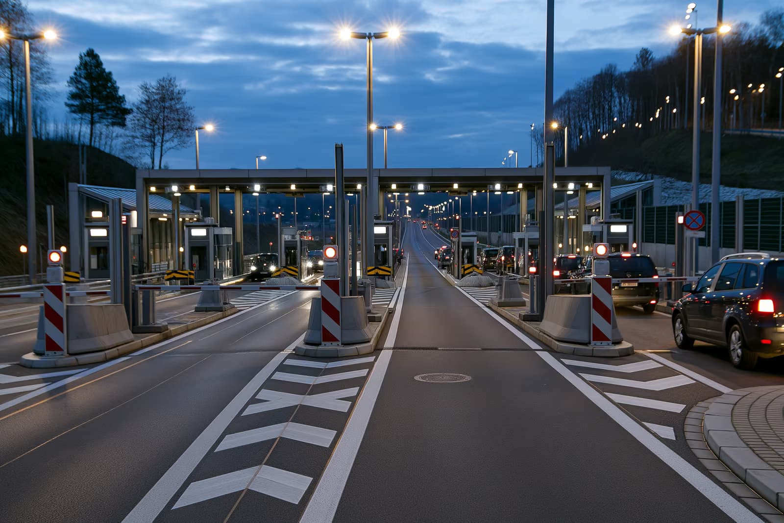 Um posto de controle de fronteira tranquilo numa autoestrada europeia, com barreiras, ao entardecer.