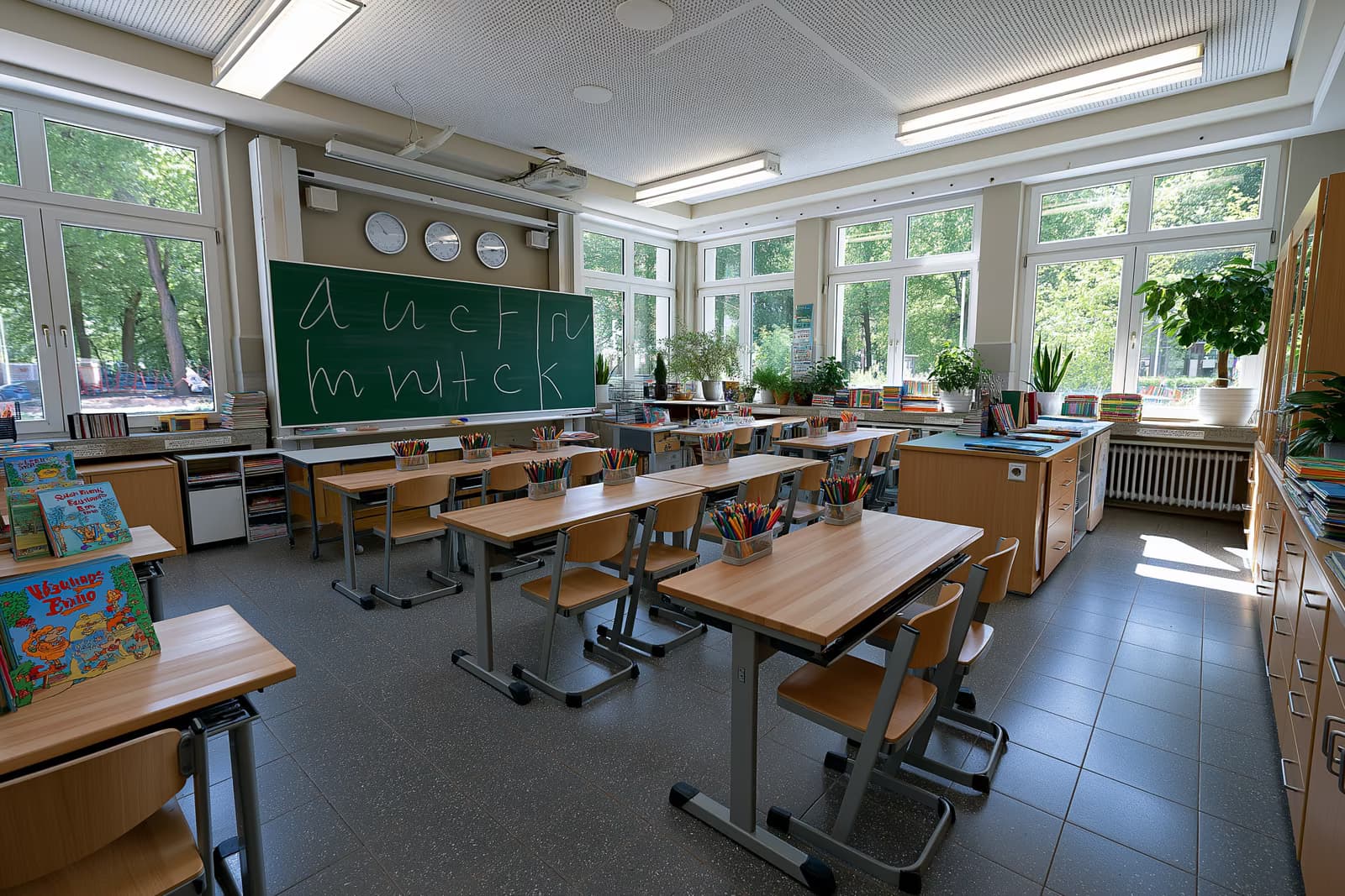 Uma sala de aula primária iluminada, com letras desenhadas em um quadro-negro verde, pronta para as novas aulas de alfabetização ABC na Renânia do Norte-Vestfália.