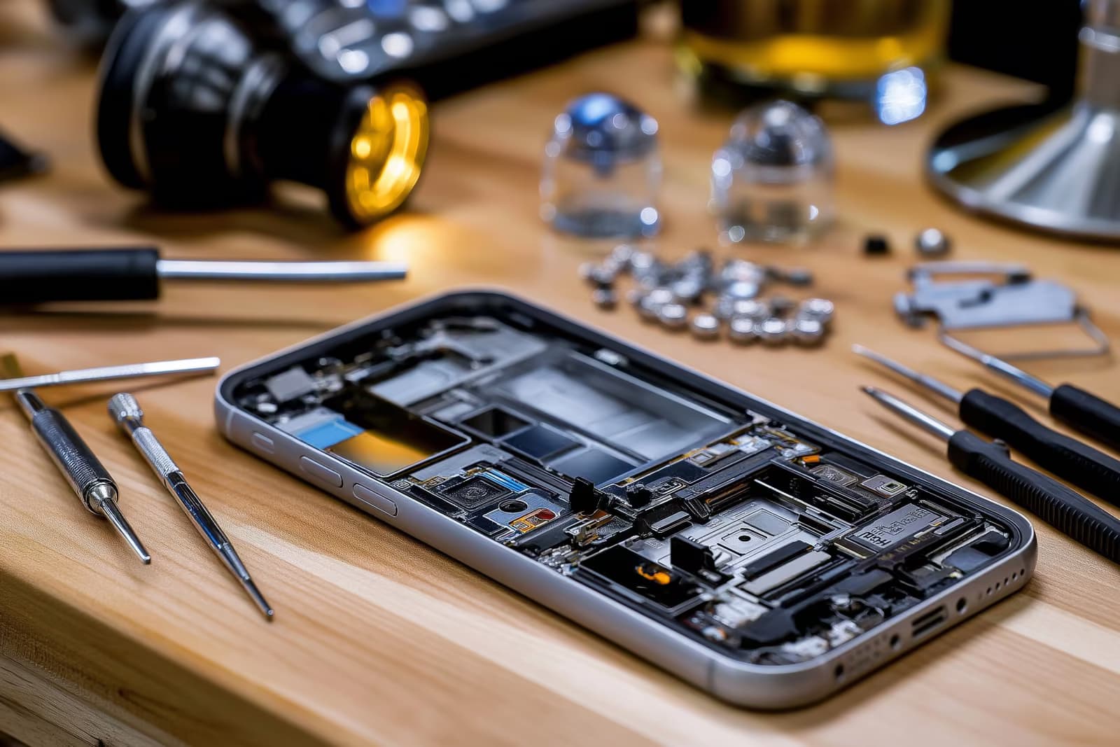 Um smartphone aberto sobre uma bancada de reparos, cercado por pequenas ferramentas e peças de reposição.