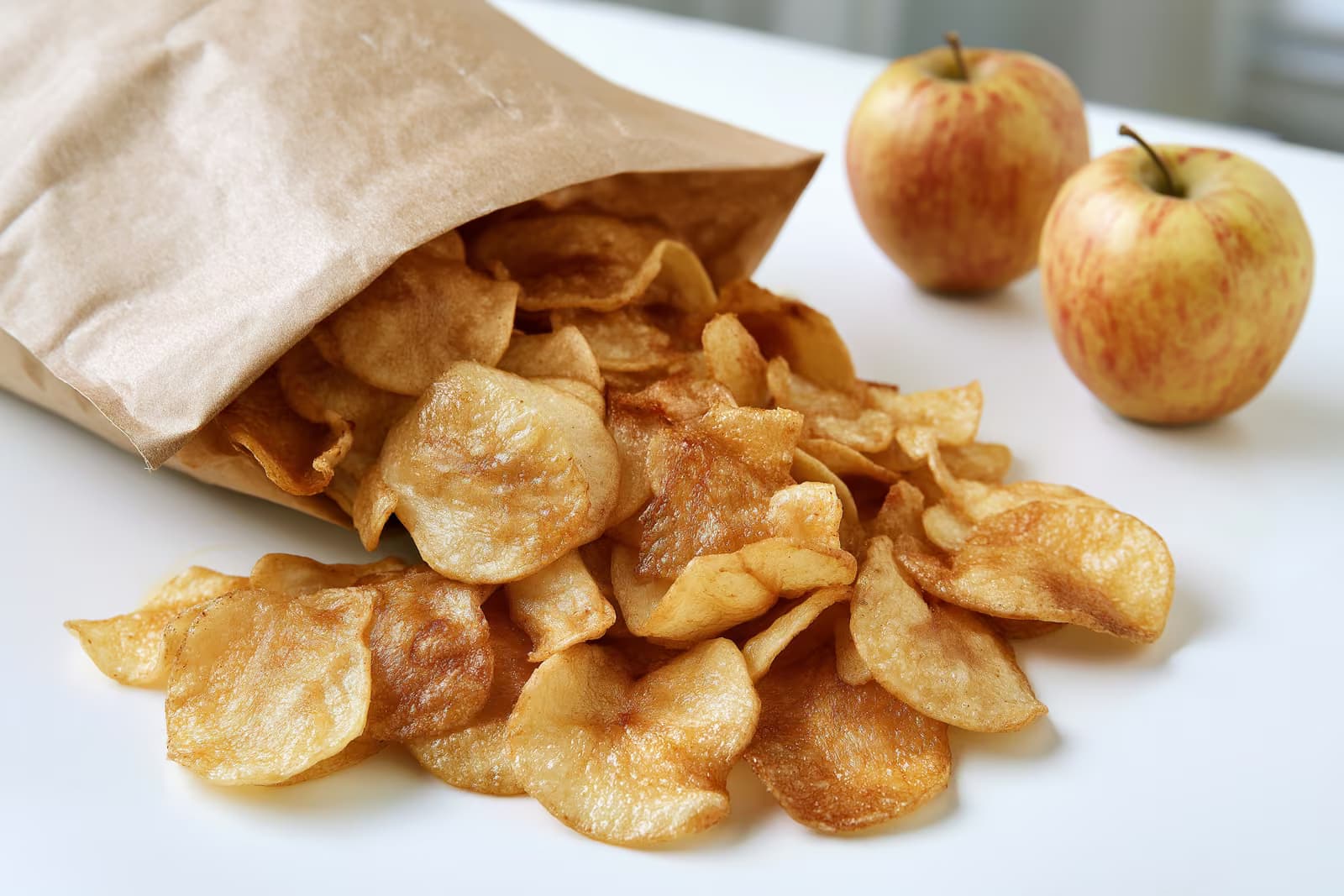 Um pacote de batatas fritas sabor maçã para crianças em uma prateleira da cozinha com um símbolo de advertência ao lado.