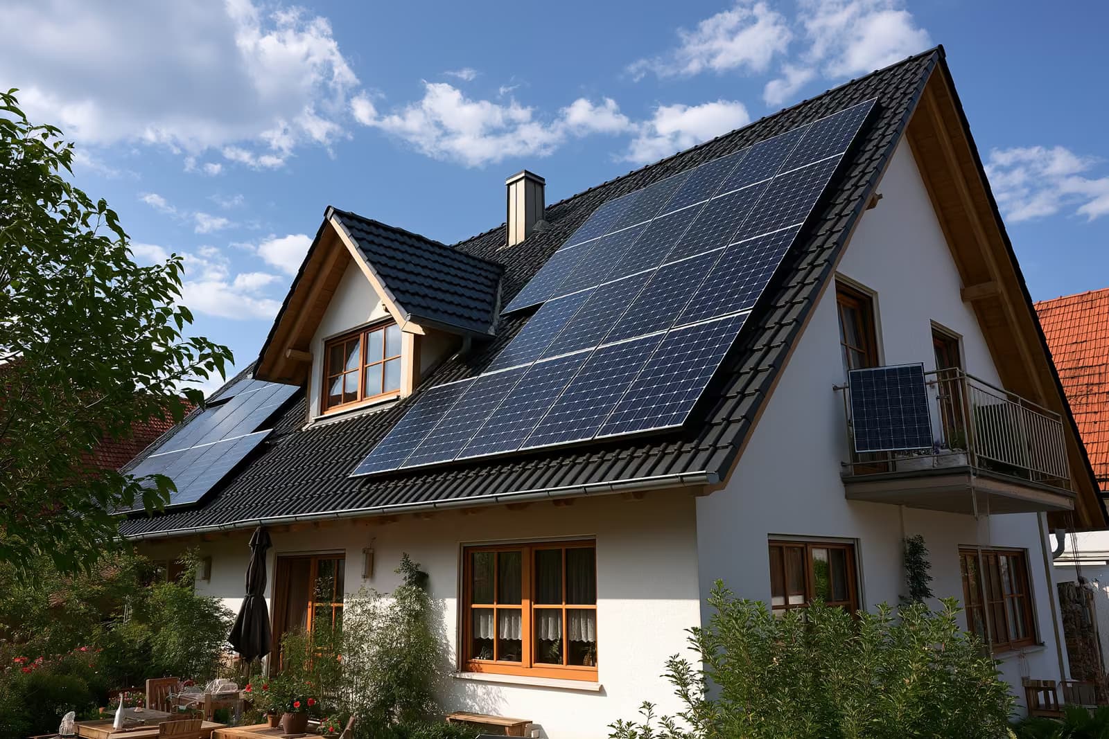 Fileiras de painéis solares no telhado de uma casa suburbana alemã sob um céu limpo.