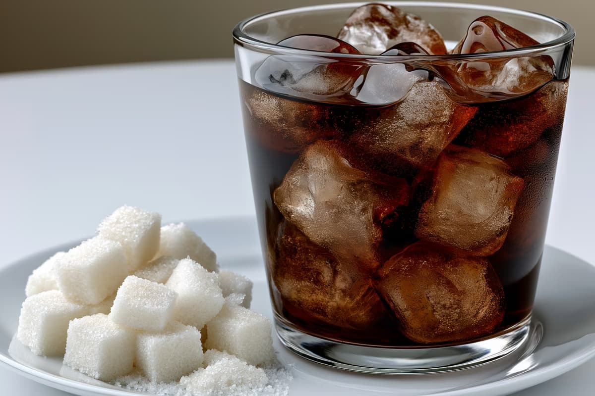 Um copo de refrigerante de cola com gelo ao lado de uma pequena pilha de cubos de açúcar branco sobre uma mesa branca, mostrando o teor de açúcar por trás do debate tributário.