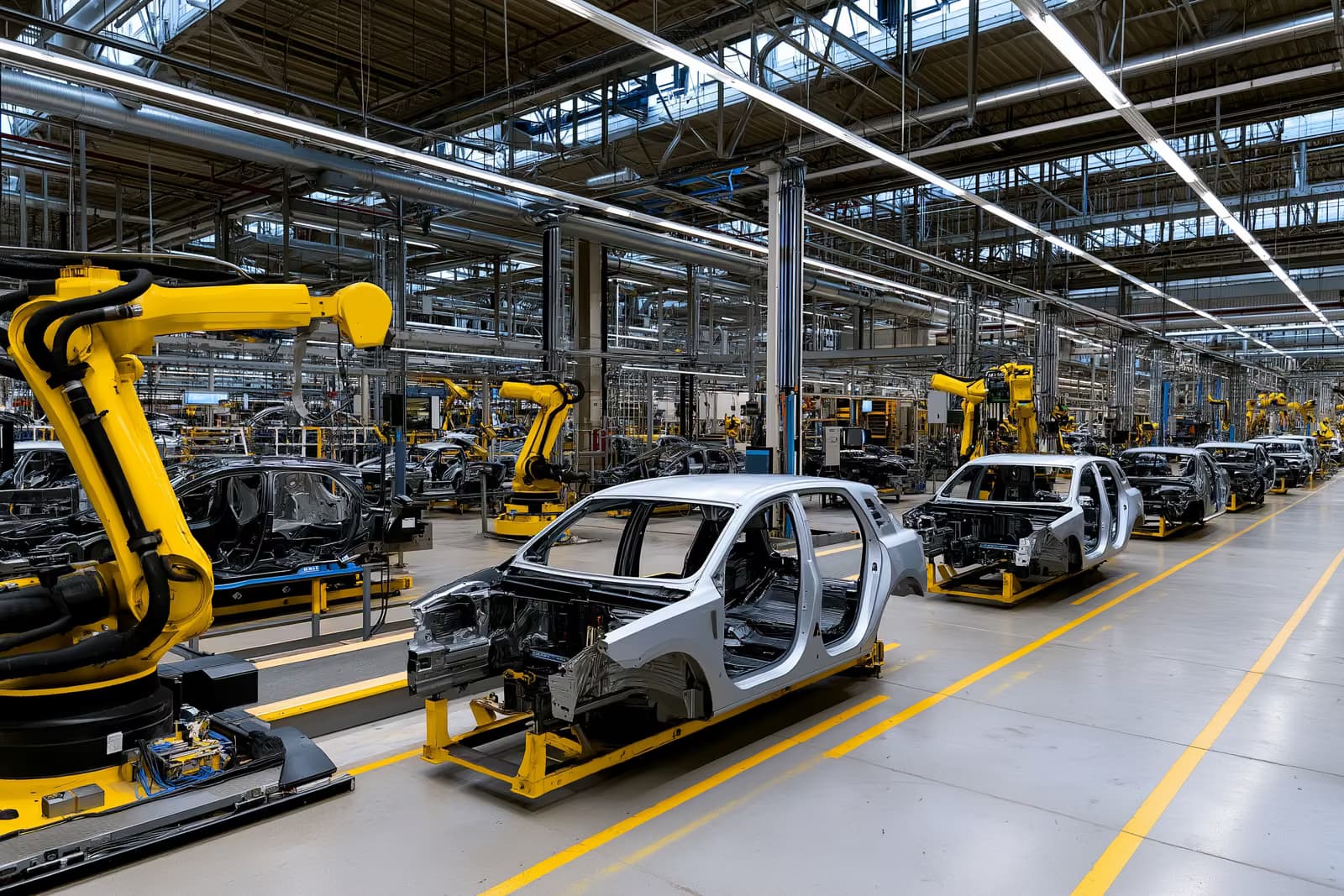 Um grande galpão de montagem de uma fábrica de automóveis com braços robóticos e veículos parcialmente montados.