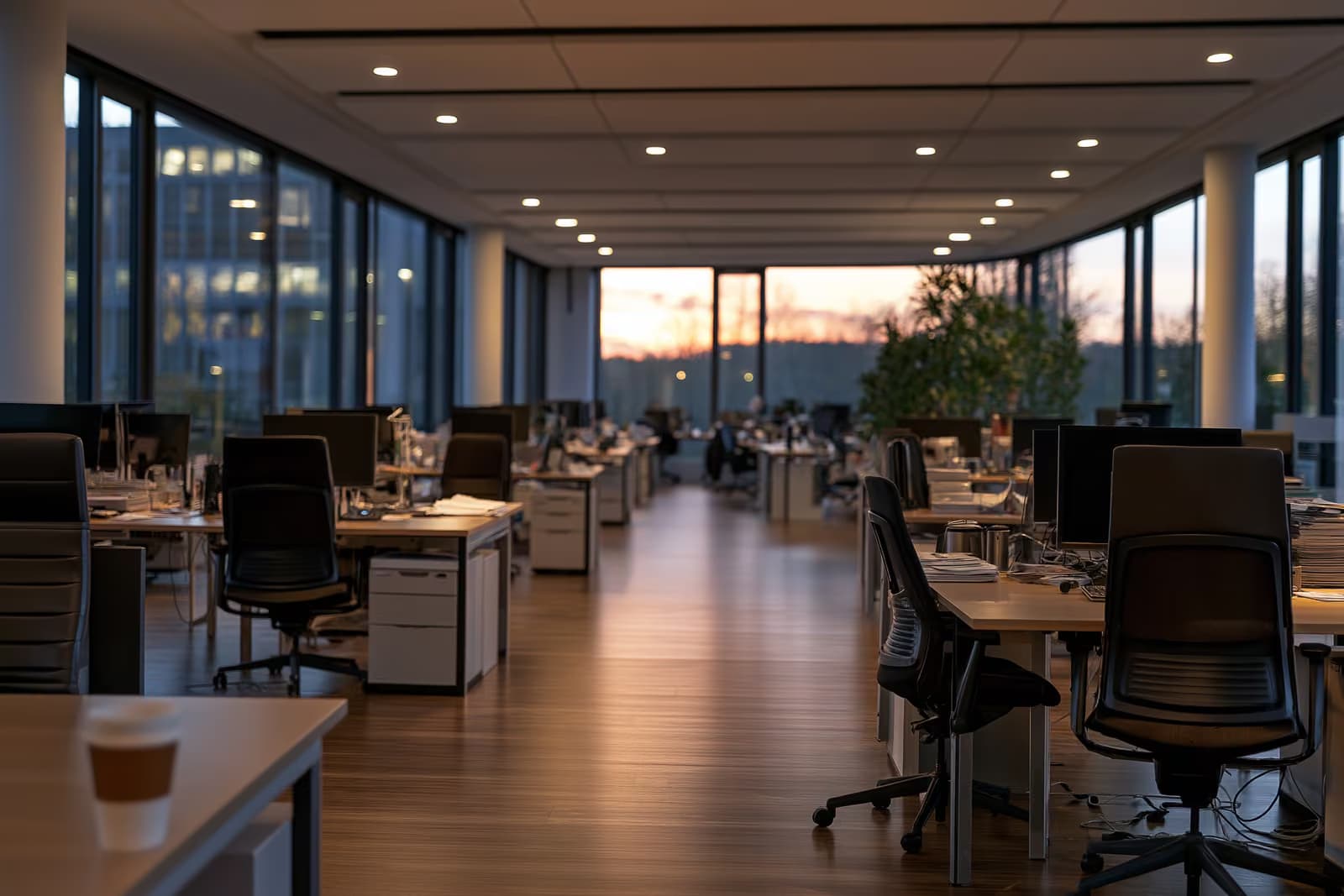 Um funcionário de escritório verifica as horas em um relógio de parede em um ambiente de trabalho moderno na Alemanha, no final da tarde.