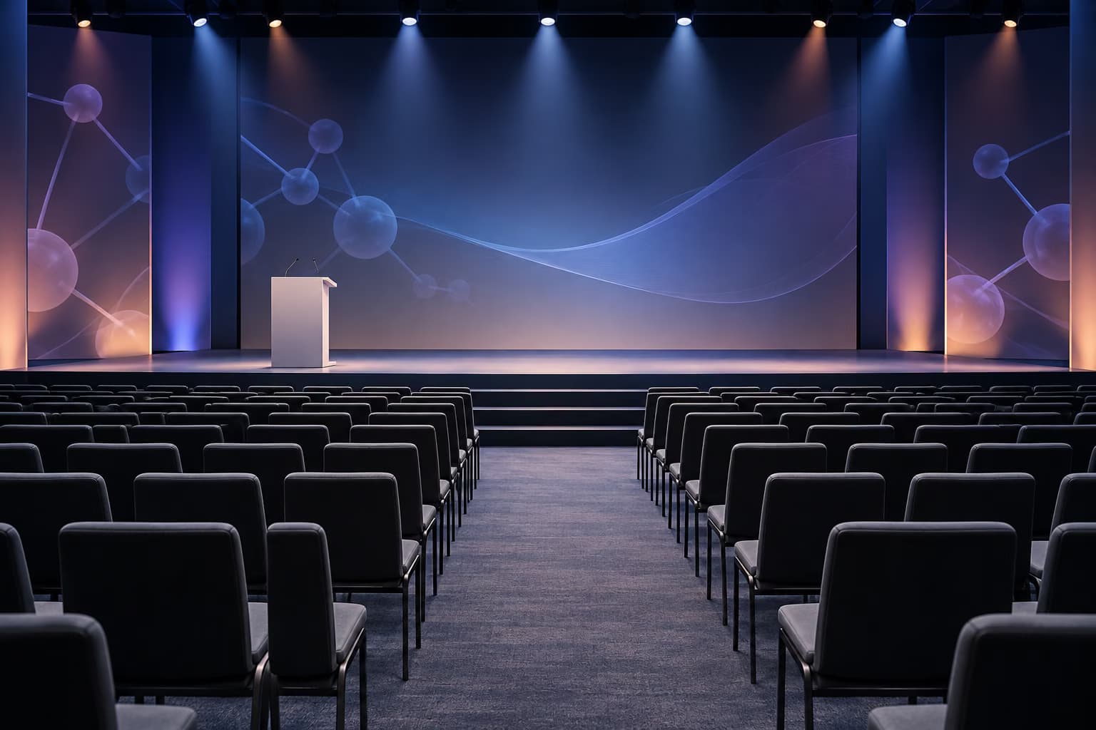 Uma sala de eventos vazia com filas de cadeiras escuras viradas para um palco com um púlpito branco, iluminado por holofotes em frente a ecrãs com gráficos abstratos de moléculas.