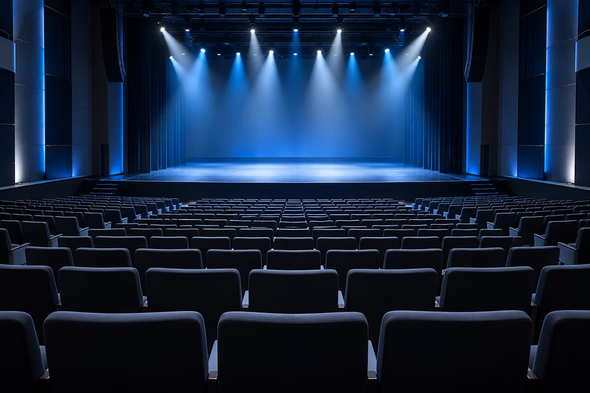 Um auditório vazio com filas de cadeiras estofadas viradas para um palco despido iluminado por holofotes azuis e brancos.