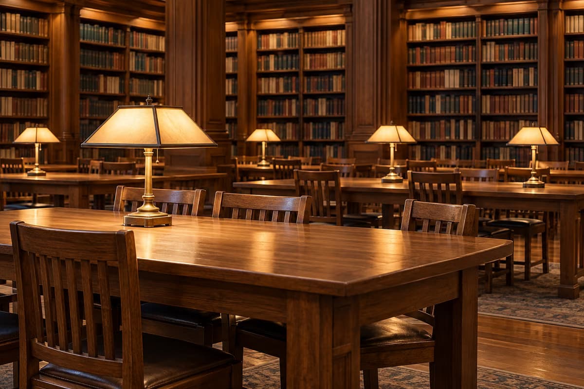 Uma sala de leitura de biblioteca vazia com mesas de madeira, cadeiras e candeeiros de leitura em latão diante de estantes altas cheias de livros.