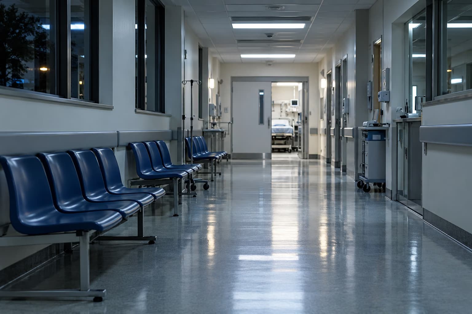 Um corredor de hospital vazio à noite, com filas de cadeiras de espera azuis junto à parede e uma porta aberta para uma sala de tratamento ao fundo.