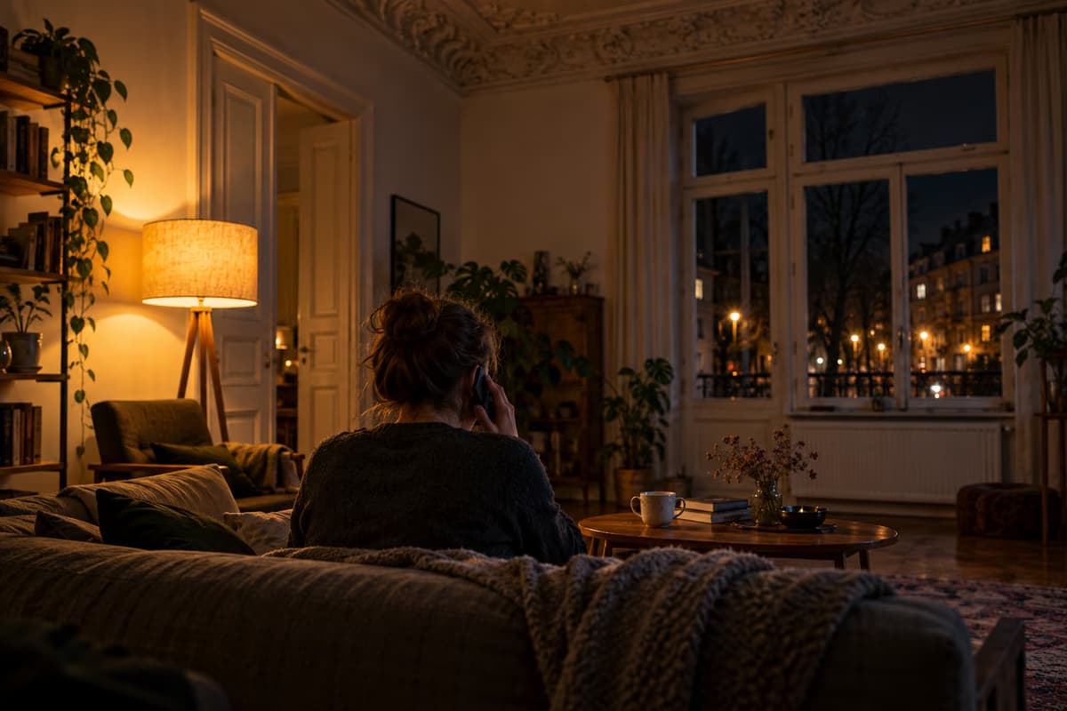 Uma pessoa vista de costas está sentada à noite num sofá de um apartamento antigo com tetos de estuque e pouca luz, a falar ao telefone.