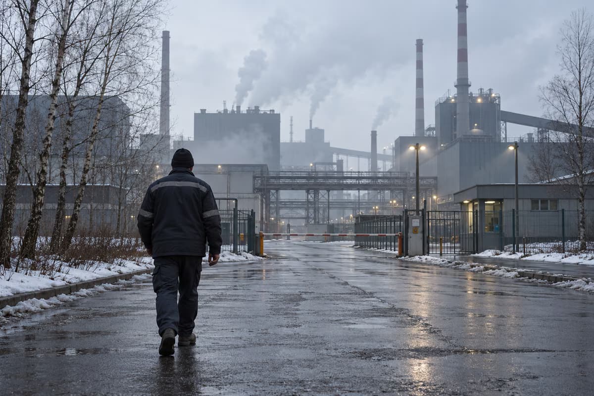 Um trabalhador visto de costas caminha por uma estrada molhada em direção ao portão de uma unidade industrial com chaminés, num dia cinzento de inverno.