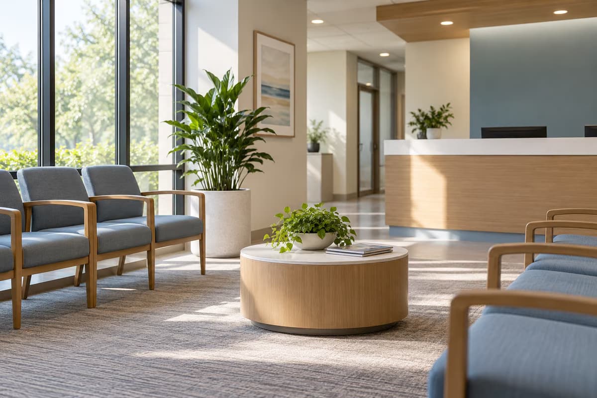 Uma área de espera moderna com cadeiras estofadas azuis, uma mesa redonda de madeira com uma planta e um balcão de receção ao fundo.