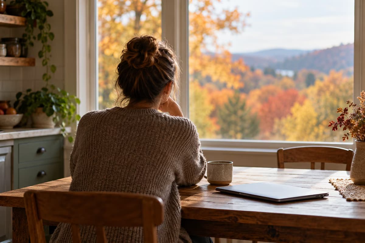 Uma mulher vista de costas sentada a uma mesa de cozinha de madeira com um portátil fechado e uma caneca, a olhar pela janela para árvores outonais.