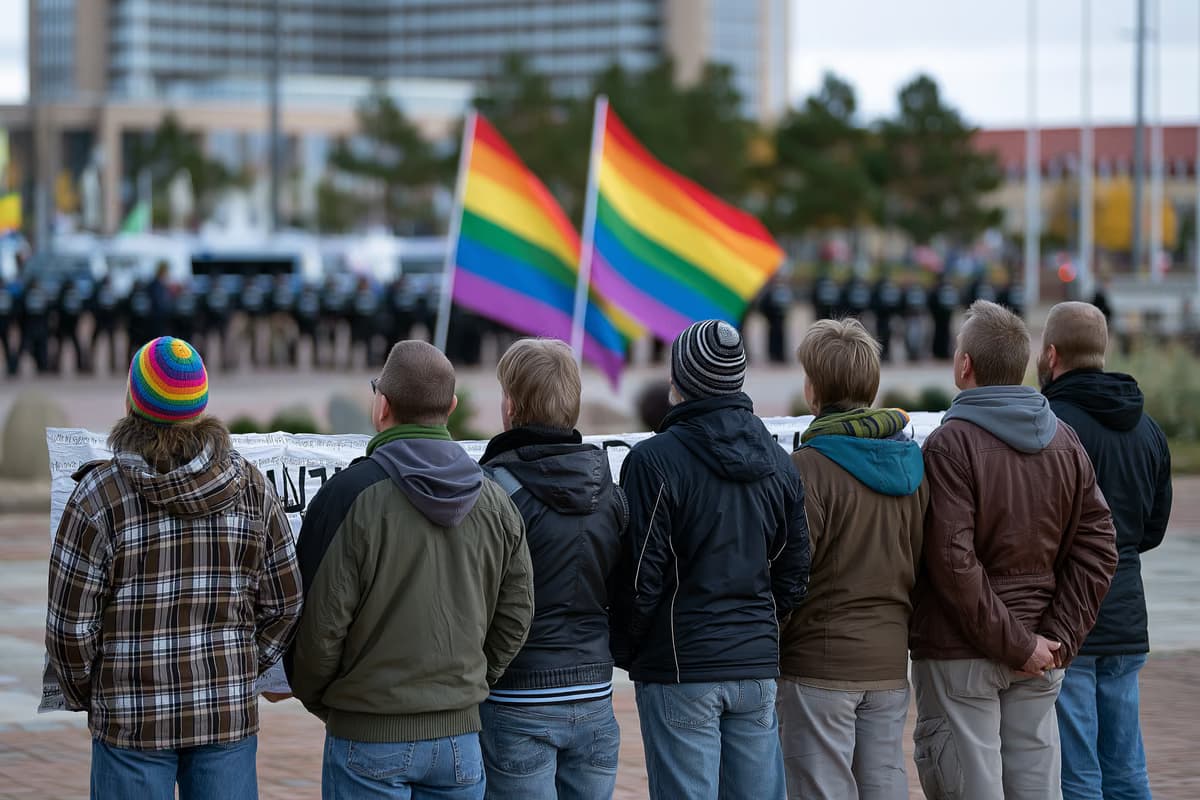 Manifestantes contrários ao movimento, segurando faixas e bandeiras do arco-íris, em uma praça de Magdeburgo, com uma linha policial desfocada ao fundo.