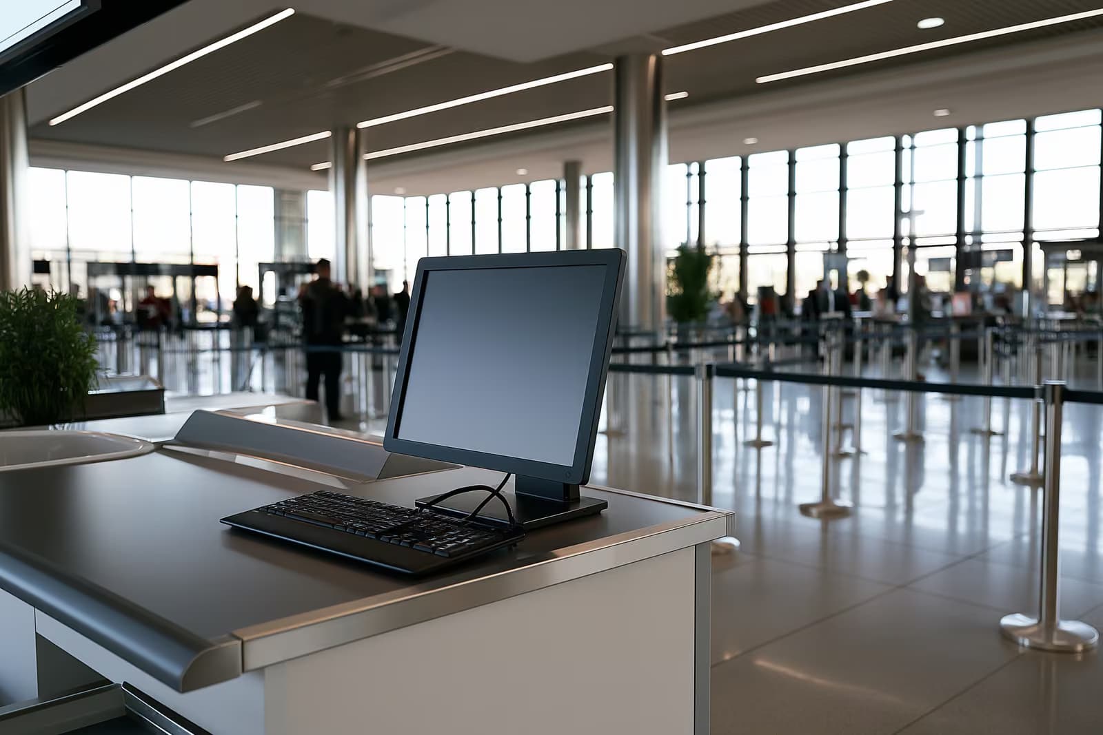 Uma mesa de escritório do governo alemão com uma tela de computador e uma pilha de arquivos de pedidos de imigração em papel.