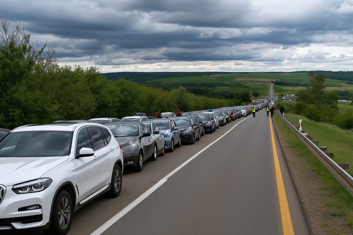 Sob um céu nublado, carros formam uma fila lenta em frente a um posto de controle temporário em uma estrada rural perto da fronteira com a Baviera.