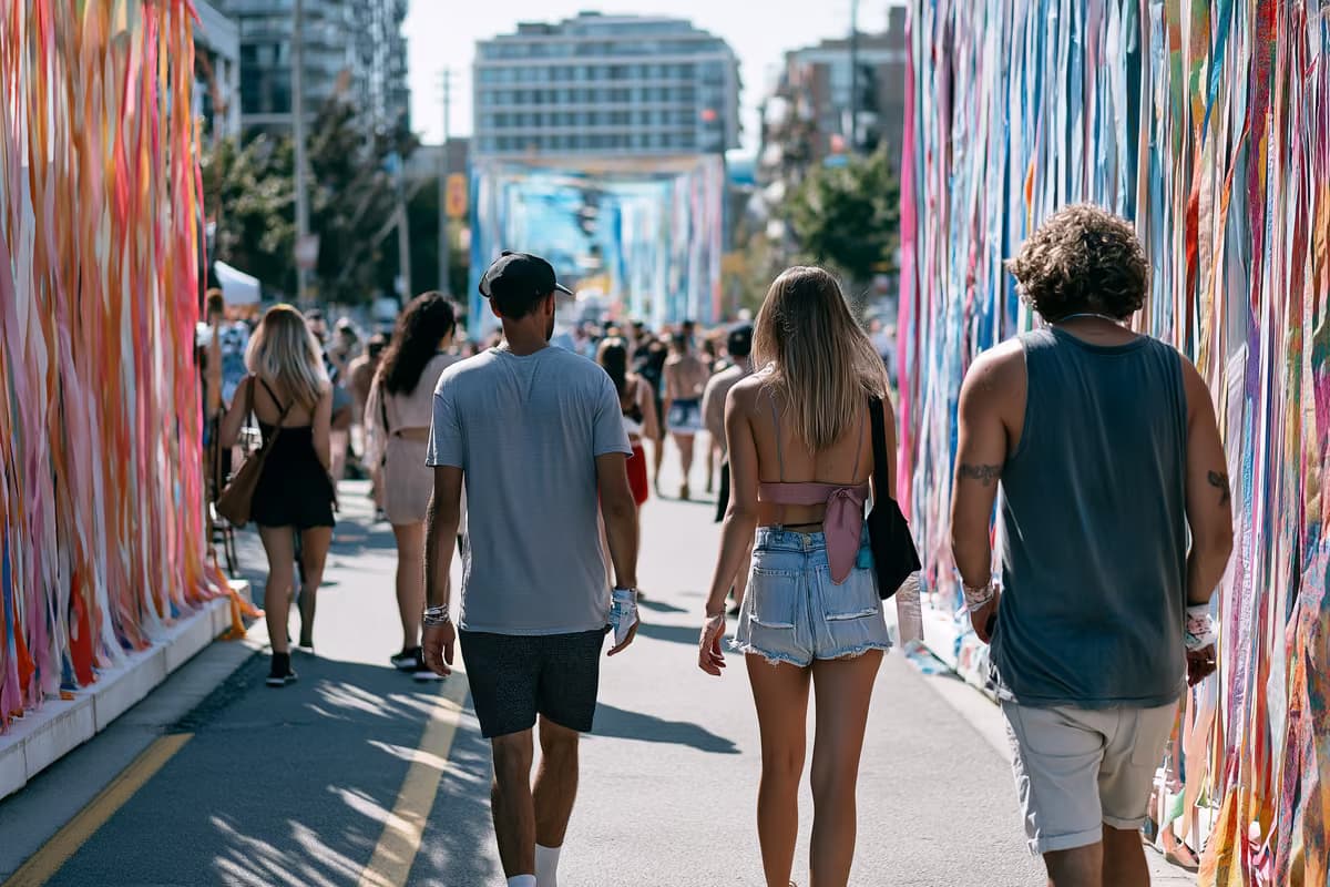 Em uma tarde ensolarada de verão, pessoas passeiam entre instalações de arte ao ar livre em um bairro animado de Berlim.