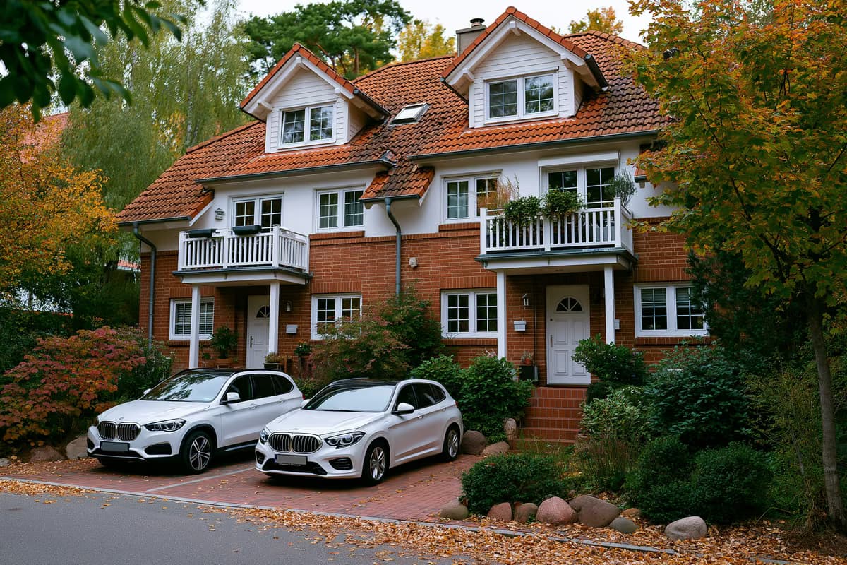 Uma casa bifamiliar com duas entradas separadas e varandas em uma rua suburbana alemã, o tipo de imóvel que está no centro do caso BGH.