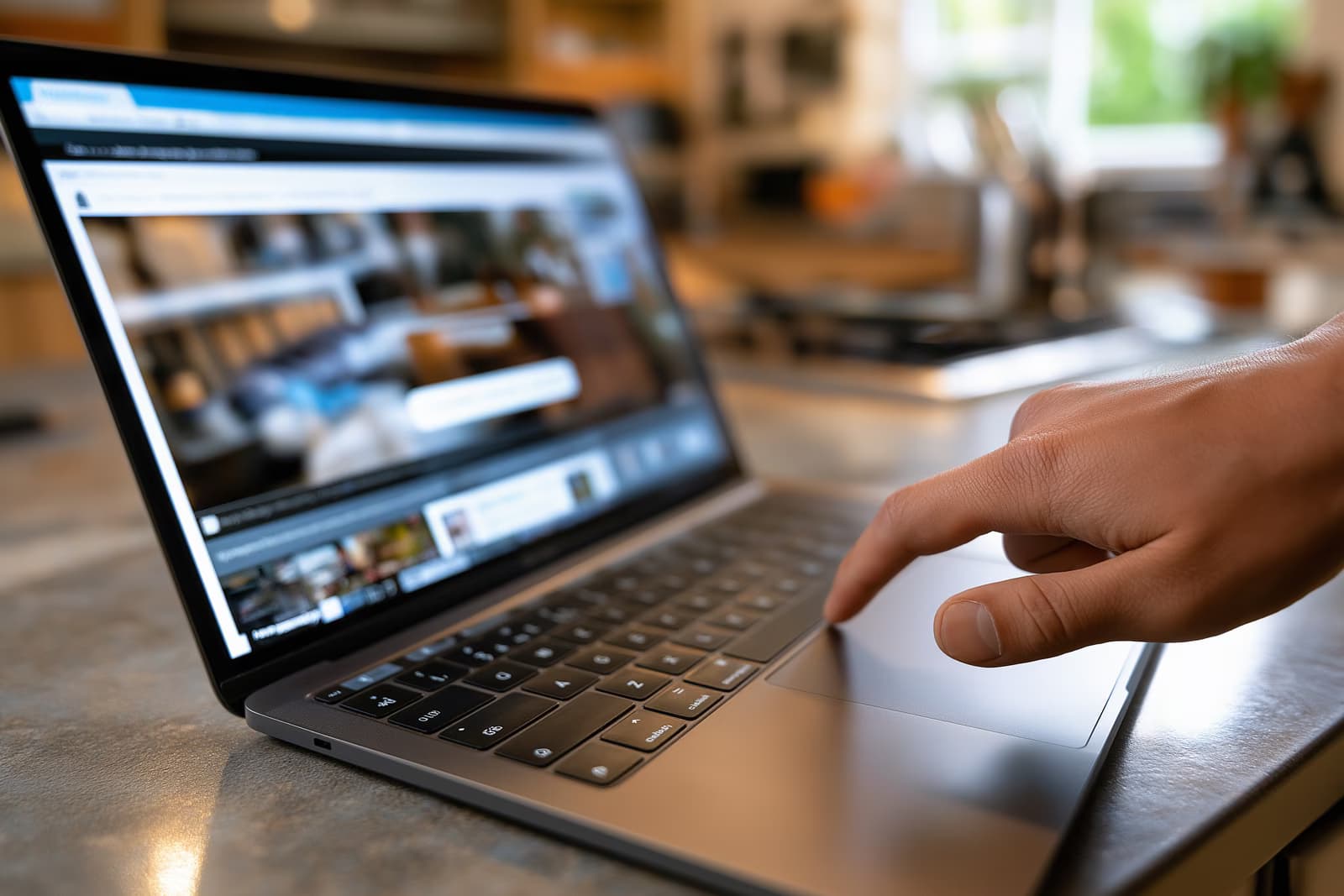 Uma mão paira sobre um laptop em cima da mesa da cozinha, exibindo uma página de cancelamento online com um botão em destaque.