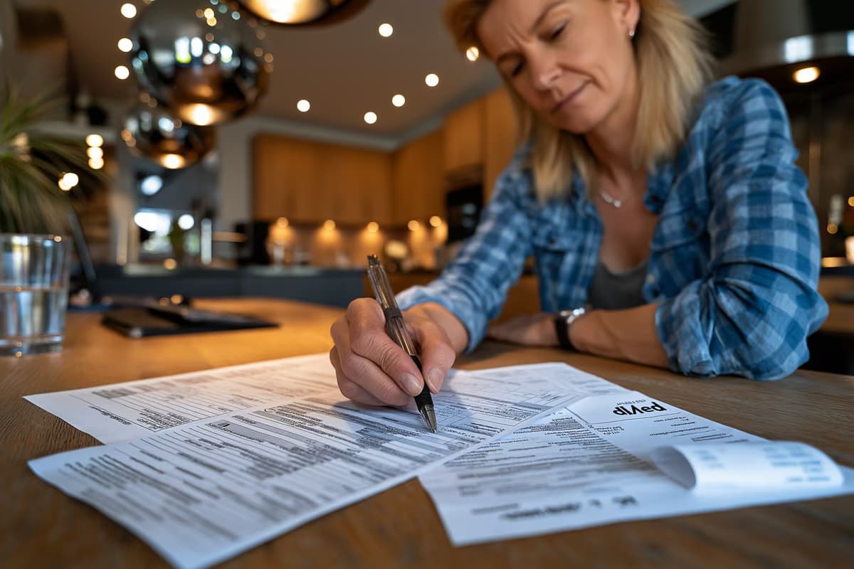 Um trabalhador conferindo seu contracheque em uma mesa de cozinha em uma casa alemã modesta.