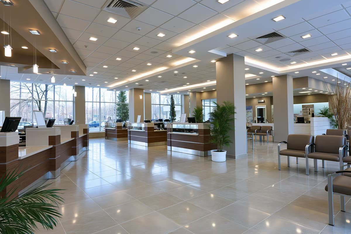 Interior de uma agência bancária tranquila, com balcões de atendimento vazios, na Alemanha.